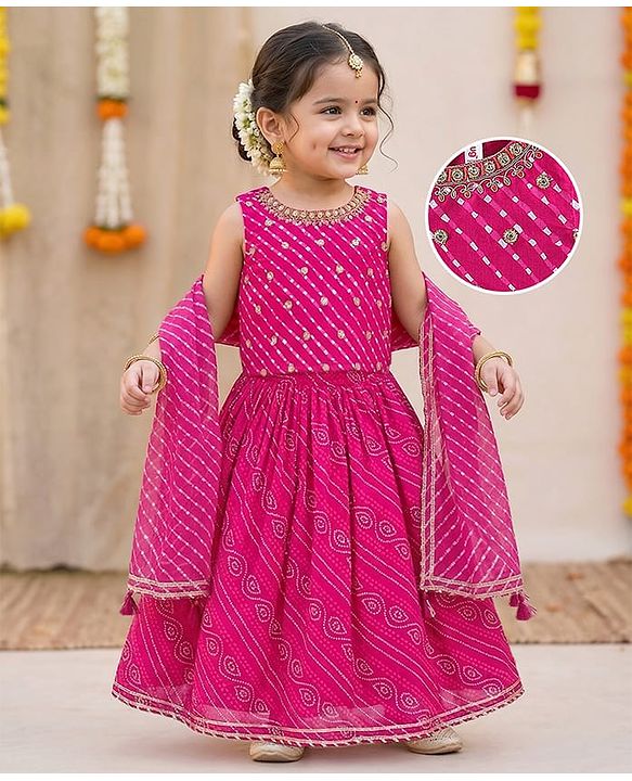 Babyhug 100% Cotton Woven Sleeveless Leheriya Printed Choli Lehenga and Dupatta Set -  Fuschia