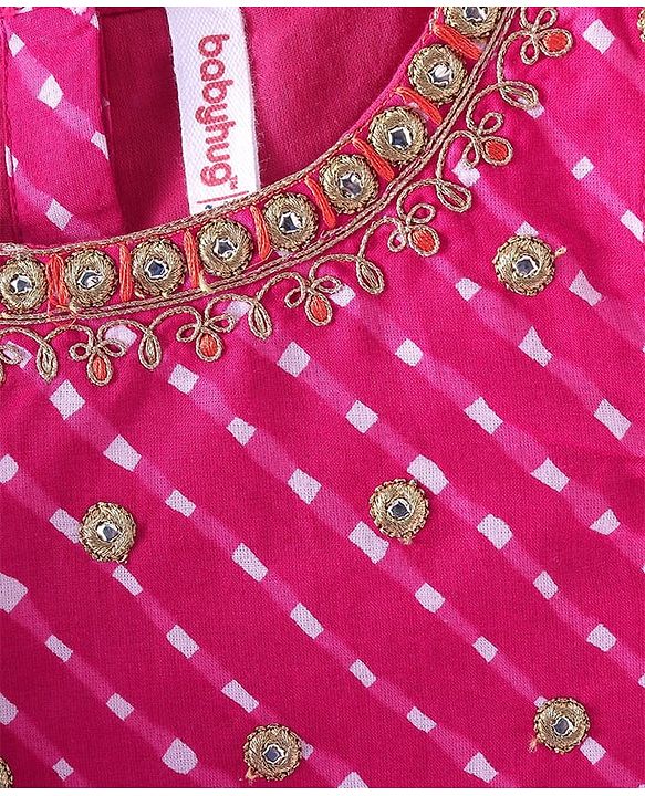 Babyhug 100% Cotton Woven Sleeveless Leheriya Printed Choli Lehenga and Dupatta Set -  Fuschia