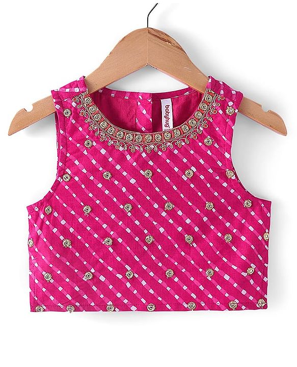 Babyhug 100% Cotton Woven Sleeveless Leheriya Printed Choli Lehenga and Dupatta Set -  Fuschia