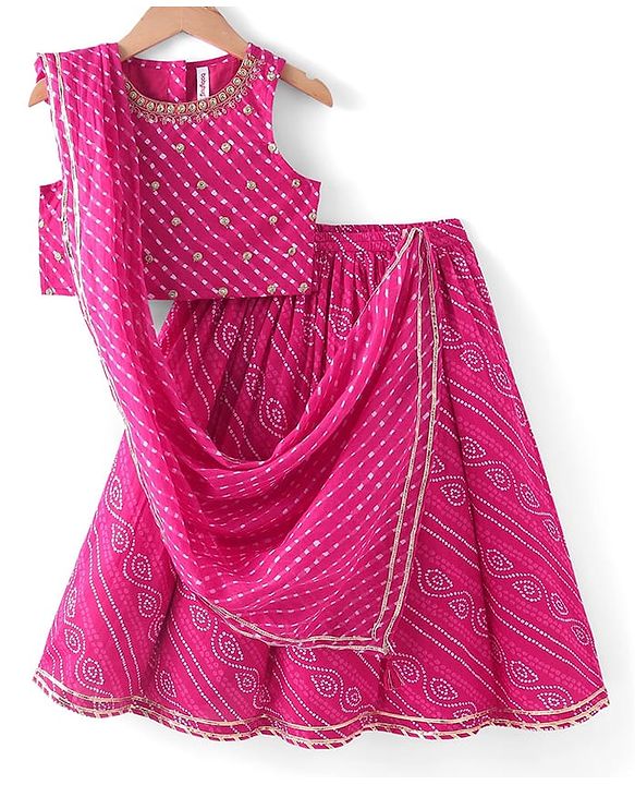 Babyhug 100% Cotton Woven Sleeveless Leheriya Printed Choli Lehenga and Dupatta Set -  Fuschia