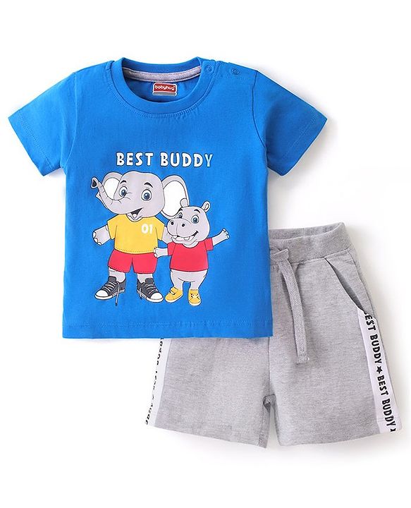 Babyhug 100% Cotton Knit Single Jersey Half Sleeves T-Shirt & Shorts With Text & Animals Print - Blue & Grey