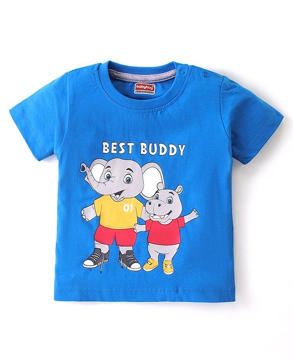 Babyhug 100% Cotton Knit Single Jersey Half Sleeves T-Shirt & Shorts With Text & Animals Print - Blue & Grey
