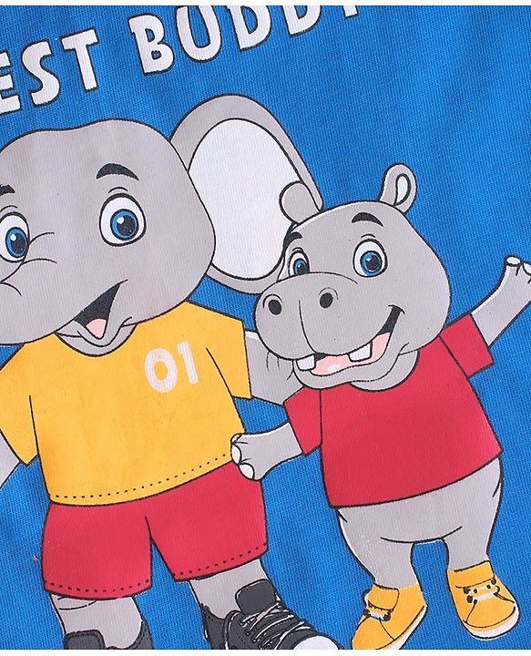 Babyhug 100% Cotton Knit Single Jersey Half Sleeves T-Shirt & Shorts With Text & Animals Print - Blue & Grey