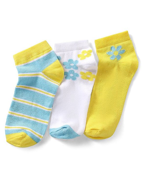 Pine Kids Cotton Spandex Knit Ankle Length Socks with Floral Design Pack Of 3 - Snow White