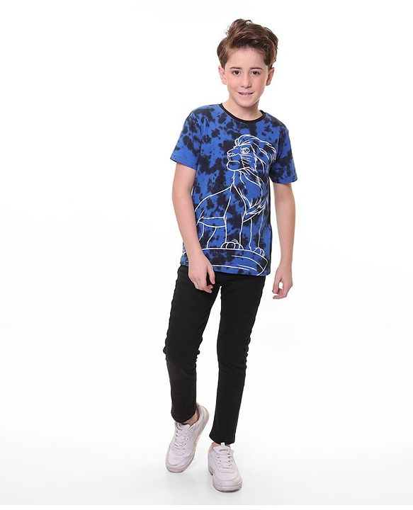 Pine Kids Disney Cotton Tie & Dye Half Sleeve Tee With Front and Back Lion King Graphics - Blue