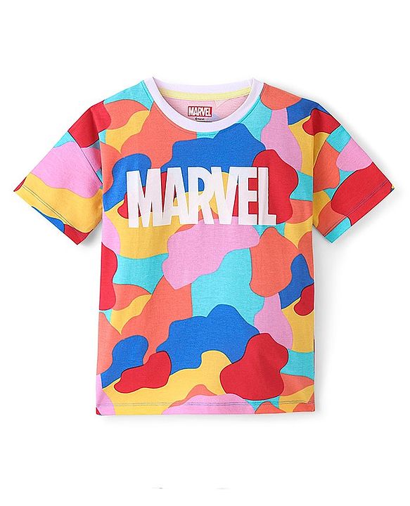 Pine Kids Marvel Cotton Knit Half Sleeves Oversized Tee With Avengers Print - Multicolor