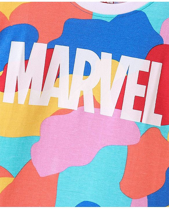 Pine Kids Marvel Cotton Knit Half Sleeves Oversized Tee With Avengers Print - Multicolor