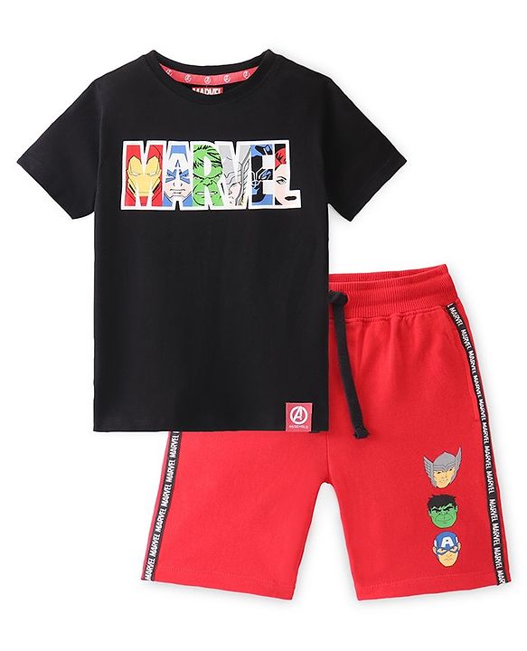 Pine Kids Marvel Cotton Knit Half Sleeves T-Shirt And Shorts Set With Avengers Graphics - Black & Red