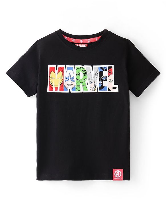 Pine Kids Marvel Cotton Knit Half Sleeves T-Shirt And Shorts Set With Avengers Graphics - Black & Red