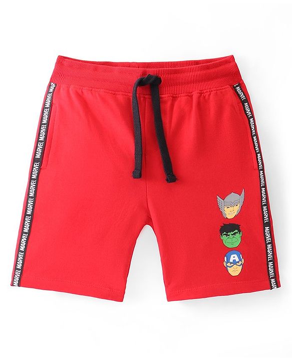 Pine Kids Marvel Cotton Knit Half Sleeves T-Shirt And Shorts Set With Avengers Graphics - Black & Red