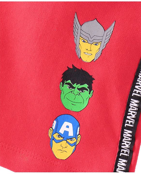 Pine Kids Marvel Cotton Knit Half Sleeves T-Shirt And Shorts Set With Avengers Graphics - Black & Red