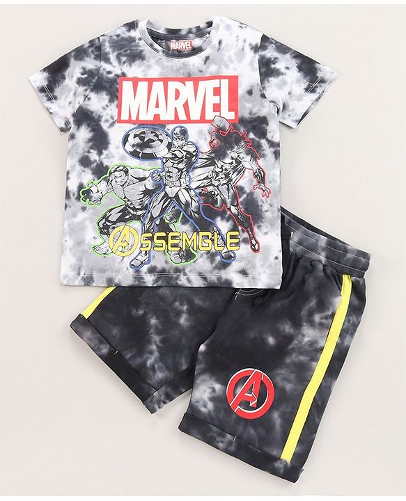 Pine Kids Marvel Cotton Knit Half Sleeves Tie & Dyed T-Shirt And Shorts Set With Avengers Graphics - Grey