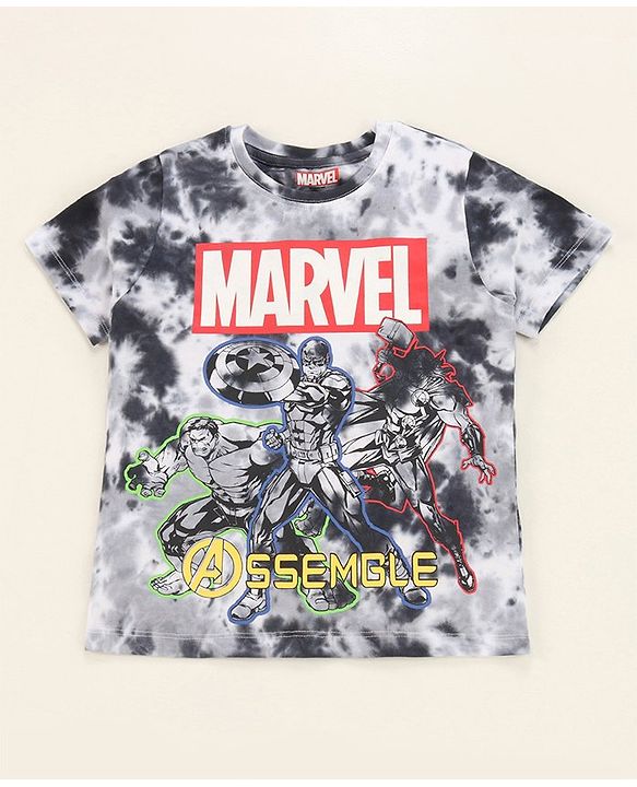 Pine Kids Marvel Cotton Knit Half Sleeves Tie & Dyed T-Shirt And Shorts Set With Avengers Graphics - Grey