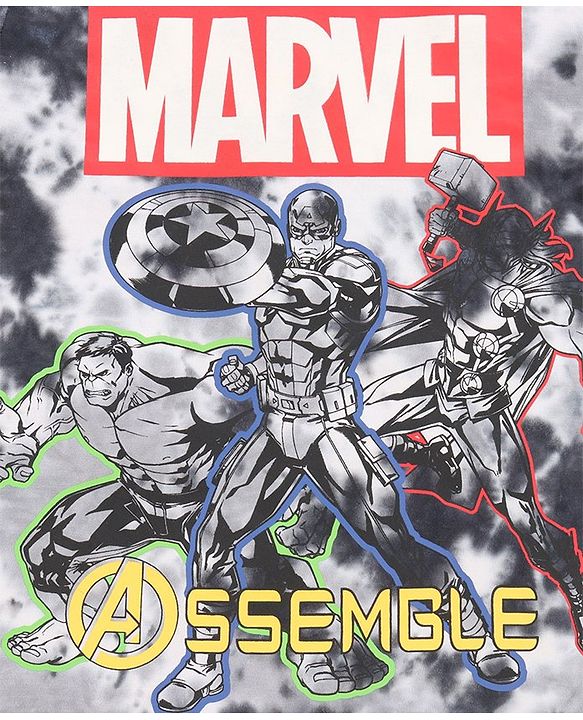 Pine Kids Marvel Cotton Knit Half Sleeves Tie & Dyed T-Shirt And Shorts Set With Avengers Graphics - Grey