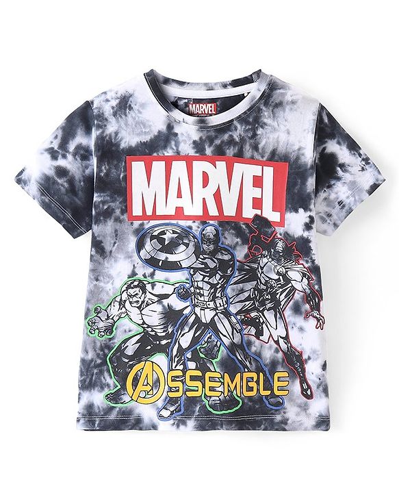 Pine Kids Marvel Cotton Knit Half Sleeves Tie & Dyed T-Shirt And Shorts Set With Avengers Graphics - Grey