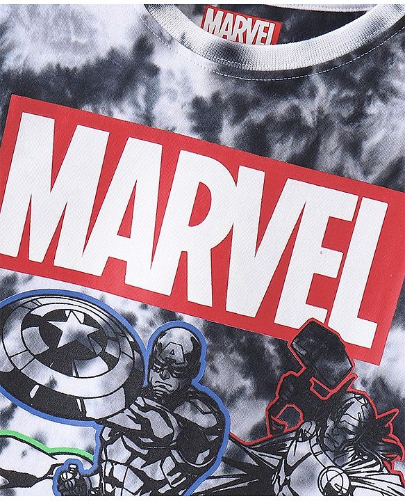Pine Kids Marvel Cotton Knit Half Sleeves Tie & Dyed T-Shirt And Shorts Set With Avengers Graphics - Grey