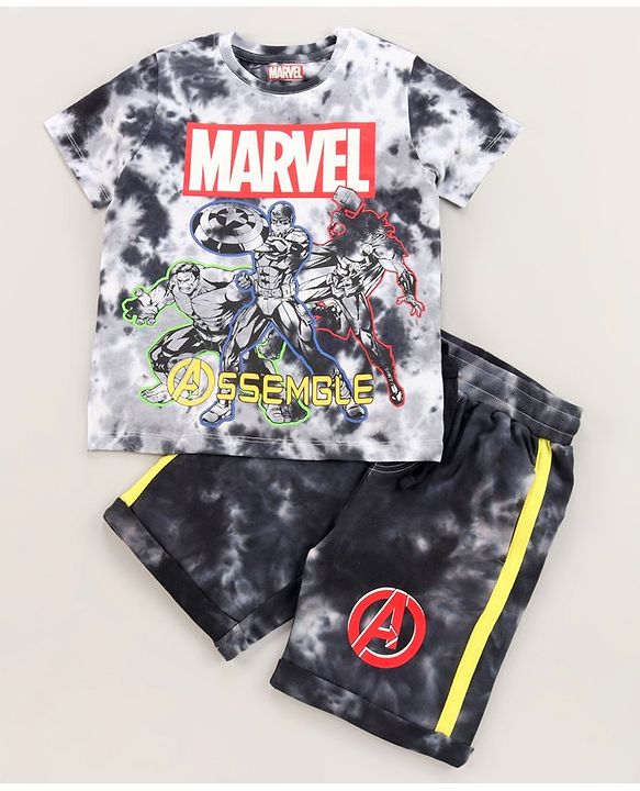 Pine Kids Marvel Cotton Knit Half Sleeves Tie & Dyed T-Shirt And Shorts Set With Avengers Graphics - Grey