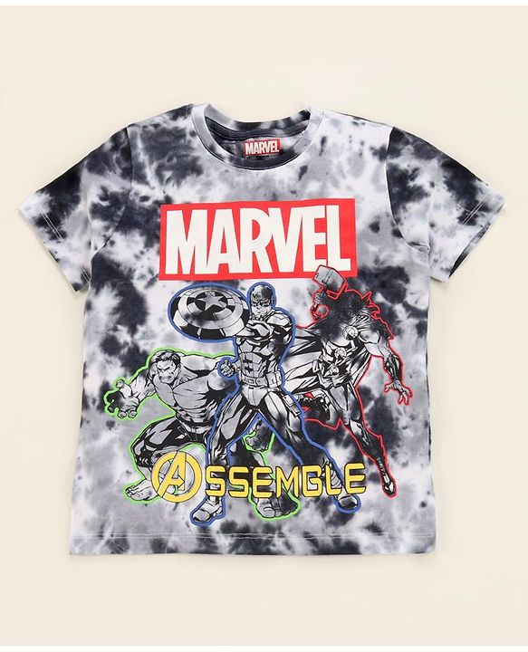 Pine Kids Marvel Cotton Knit Half Sleeves Tie & Dyed T-Shirt And Shorts Set With Avengers Graphics - Grey