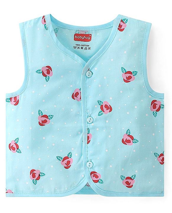 Babyhug 100% Cotton Woven Front Open Sleeveless Jhablas Floral Print Pack of 3- Pink & Blue