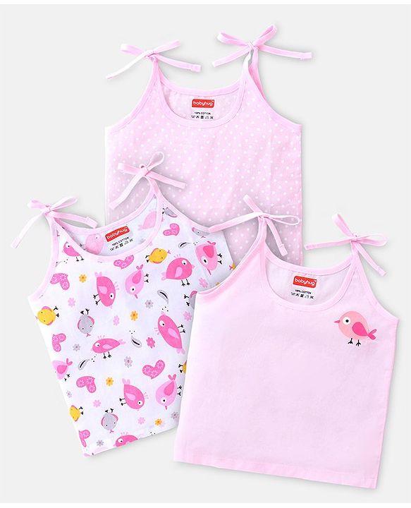 Babyhug 100% Cotton Woven Sleeveless Polka Dots & Birdy Printed  Tie Knot Jhabla Pack of 3 - Pink & White