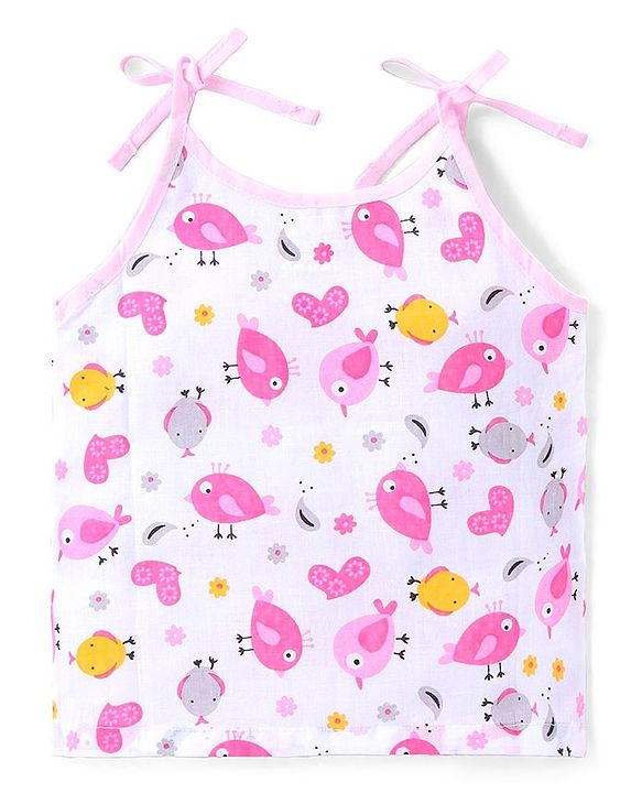 Babyhug 100% Cotton Woven Sleeveless Polka Dots & Birdy Printed  Tie Knot Jhabla Pack of 3 - Pink & White
