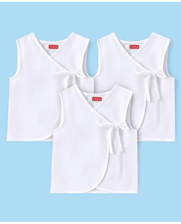 Babyhug 100% Cotton Woven Front Tie Knot Sleeveless Jhabla Solid Colour Pack Of 3 - White