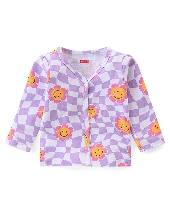 Babyhug 100% Cotton Knit Full Sleeves Checks & Floral Printed Front Open Vests Pack of 2 - Purple & Pink