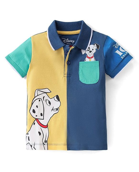 Babyhug Disney Cotton Knit Half Sleeves Polo T-Shirt  with 101 Dalmatians Graphics - Blue & Yellow