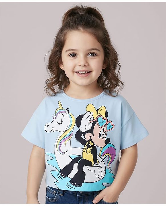 Babyhug Disney Cotton Knit  Oversized Half Sleeves T-Shirt  with Minnie Mouse Family Graphics - Blue