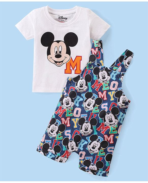 Babyhug Disney Cotton Knit Half Sleeves T-Shirt & Dungaree Set Mickey Mouse Print - White & Navy Blue