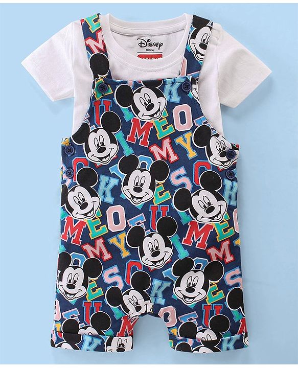 Babyhug Disney Cotton Knit Half Sleeves T-Shirt & Dungaree Set Mickey Mouse Print - White & Navy Blue