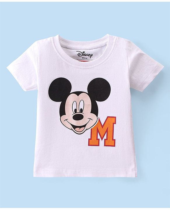 Babyhug Disney Cotton Knit Half Sleeves T-Shirt & Dungaree Set Mickey Mouse Print - White & Navy Blue