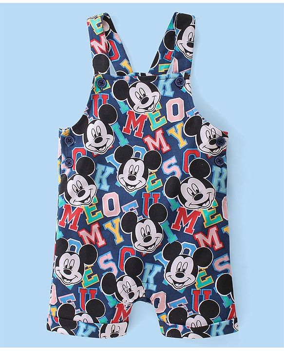 Babyhug Disney Cotton Knit Half Sleeves T-Shirt & Dungaree Set Mickey Mouse Print - White & Navy Blue