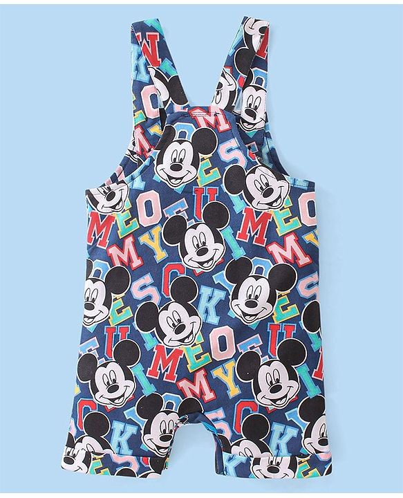 Babyhug Disney Cotton Knit Half Sleeves T-Shirt & Dungaree Set Mickey Mouse Print - White & Navy Blue