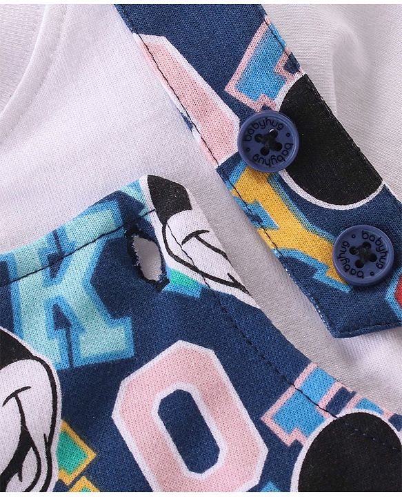 Babyhug Disney Cotton Knit Half Sleeves T-Shirt & Dungaree Set Mickey Mouse Print - White & Navy Blue