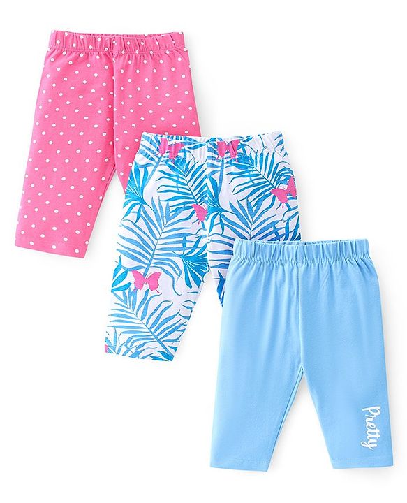 Babyhug Cotton Lycra Three Fourth Length Legging Polka Dot & Leaf Print Pack Of 3 - Blue White & Pink