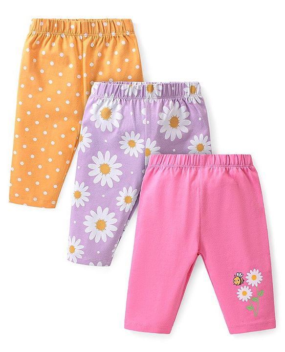 Babyhug Cotton  Lycra Knit Three Fourth Leggings  Floral Print Pack of 3 -Pink Purple & Yellow