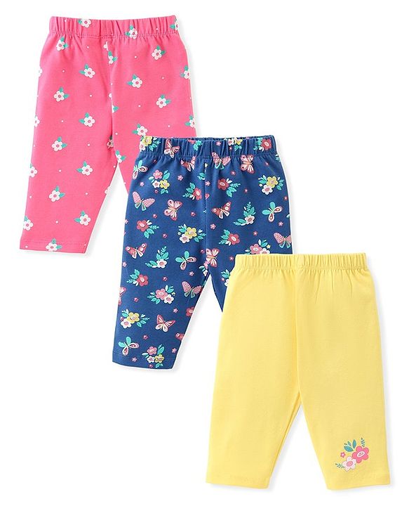Babyhug Cotton Lycra Three Fourth Leggings Floral & Butterfly Print Pack of 3 - Multicolor