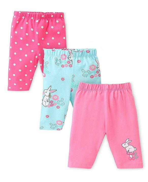 Babyhug Cotton Lycra Three Fourth Leggings Bunny & Polka Dots Print Pack of 3  - Multcolour