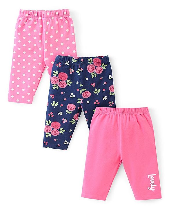 Babyhug Cotton Lycra Knit Three Fourth Leggings Polka Dot & Floral Print Pack of 3 - Multicolour