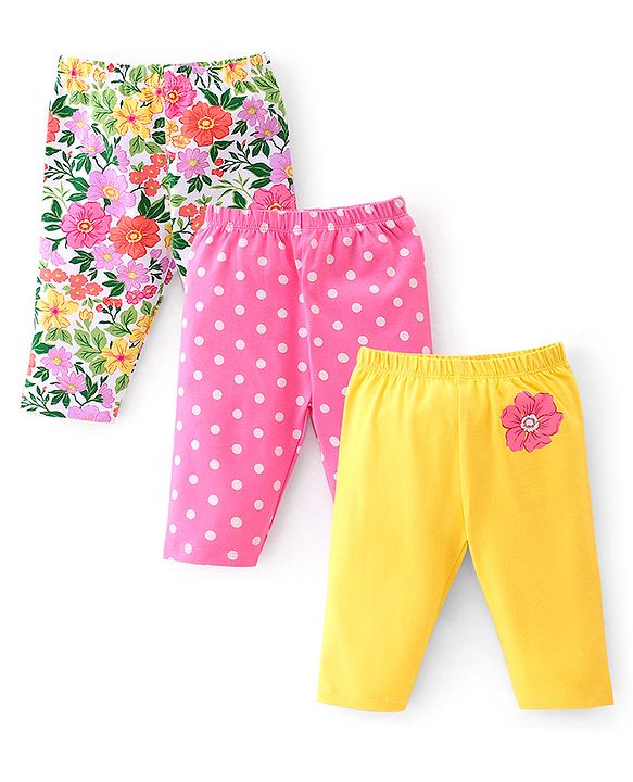Babyhug Cotton Lycra Three Fourth Length Legging Polka Dot & Floral Print Pack Of 3 - Yellow White & Pink
