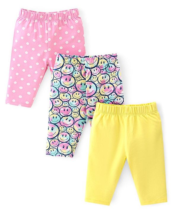 Babyhug Cotton Lycra Knit Three Fourth Length Legging Emoji & Polka Dot Print Pack Of 3 - Mutlicolor
