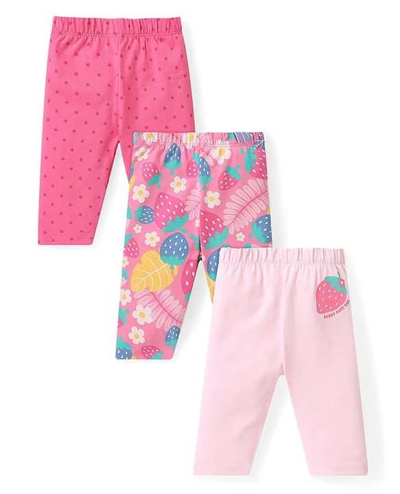Babyhug Cotton Lycra Three Fourth Leggings Fruits & Floral Print Pack of 3 - Multicolour
