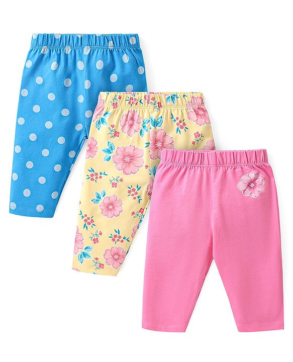 Babyhug Cotton Lycra Three Fourth Length Leggings with Floral & Polka Dots Print  Pack of 3 - Blue Yellow & Pink