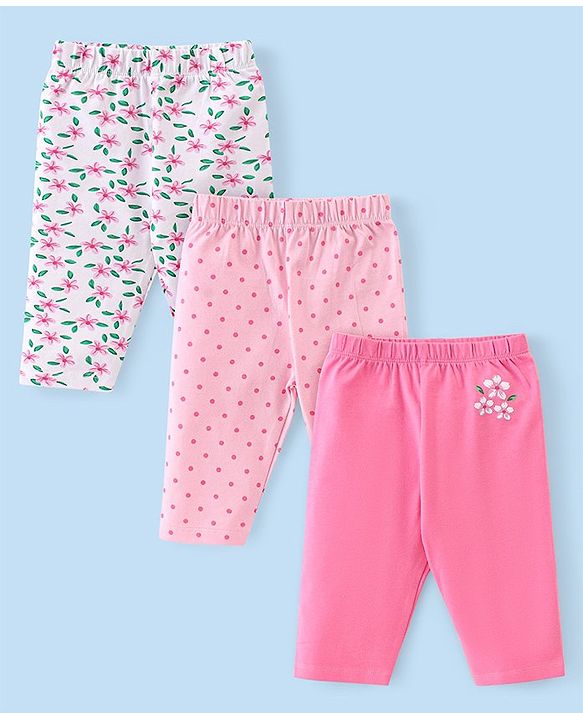 Babyhug Cotton Lycra Knit Three Fourth Length Legging Floral & Polka Dot Print Pack Of 3 - Pink & White