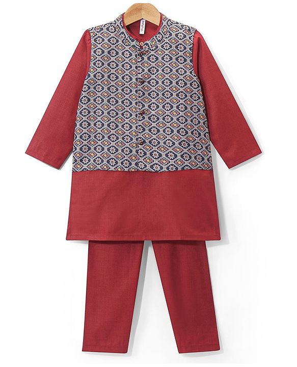 Babyhug Cotton Cambric Woven Full Sleeves Solid Kurta Pyjama Set With Printed Jacket - Red