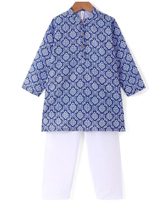 Babyhug Cotton Woven Cambric Printed Full Sleeves Kurta Pyjama Set - Blue