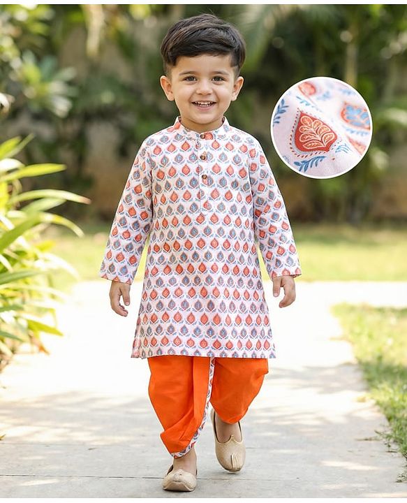 Babyhug Cambric Full Sleeves Hand Block Printed Dhoti Kurta Set - White