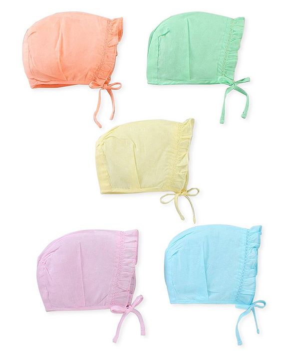 Babyhug 100% Cotton Solid Bonnet Bonnet Caps Pack of 5  - Multicolour