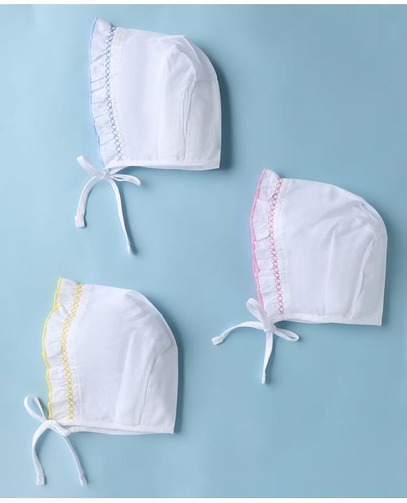 Babyhug 100% Cotton Caps Pack of 3- White